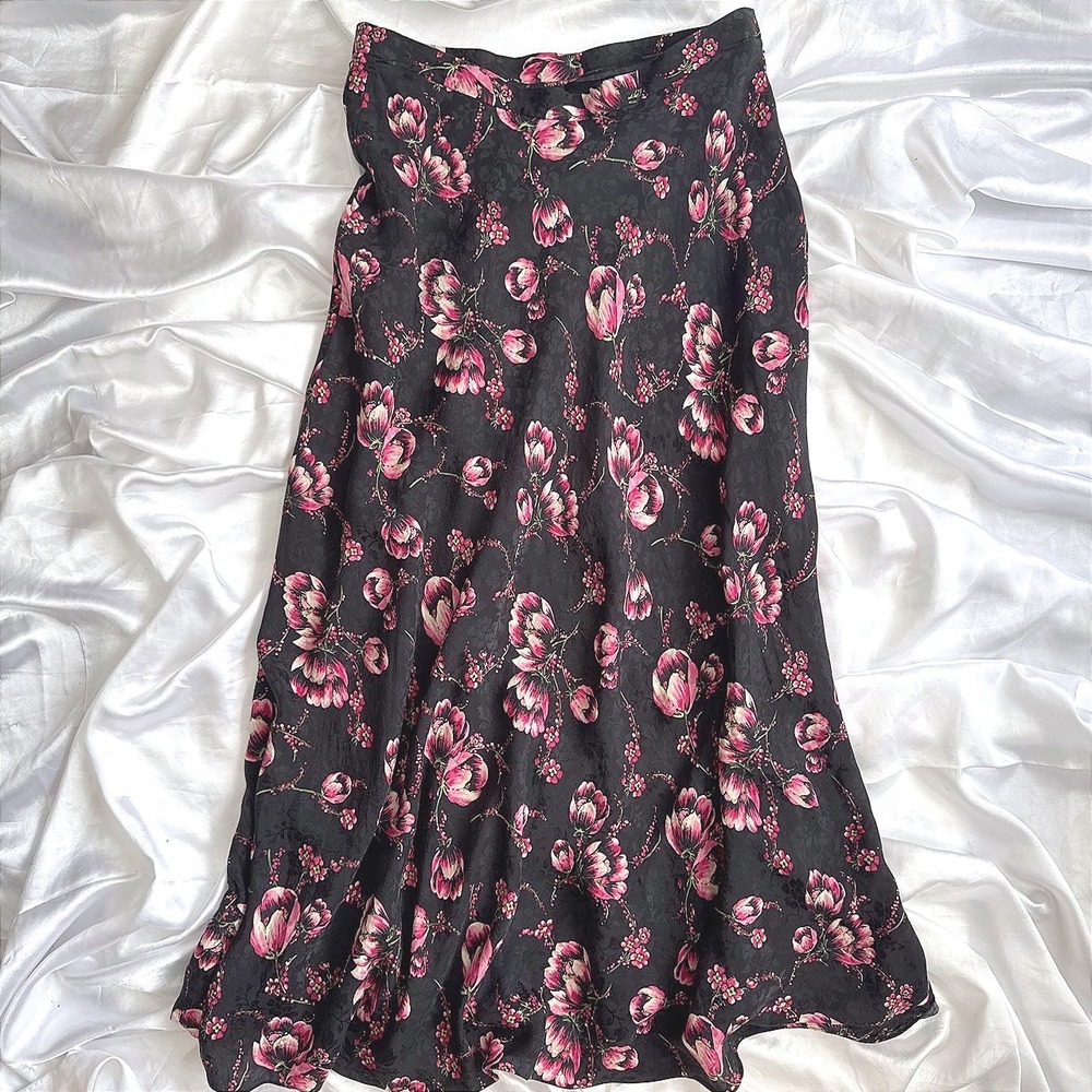 Jones New York 100% Silk Floral Jacquard Midi Skirt Black Pink Size 8